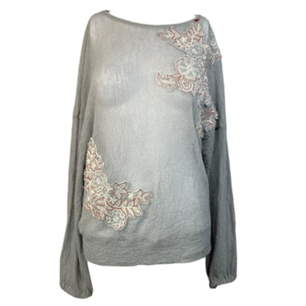 Akemi + Kin Sweater Womens Sz S Gray Flower Gauze Embroidered Sheer Pullover Top